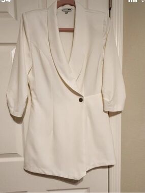 White Draped Faux-Blazer Tunic with Single Button